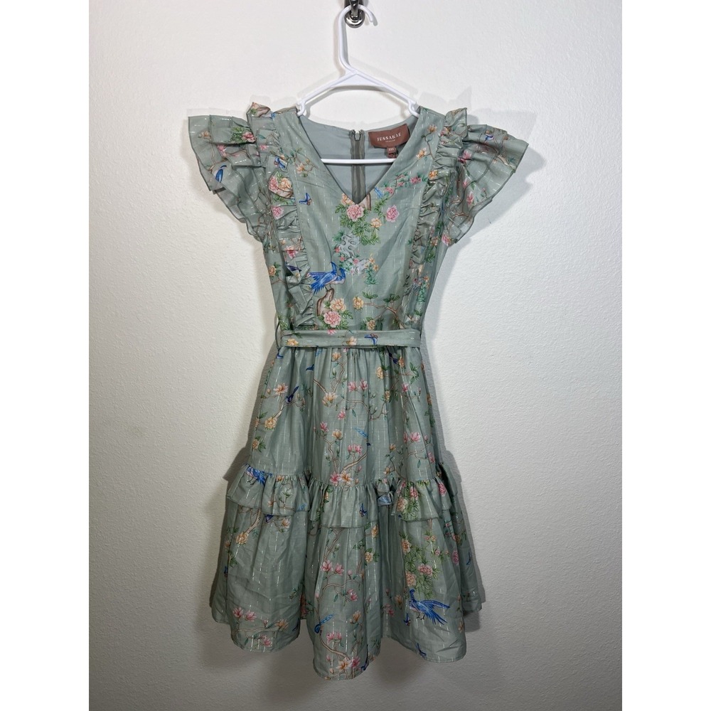 JESSAKAE Sage Green Bird Print Dress Metallic Ruffle XXS Whimsy Flutter Romantic